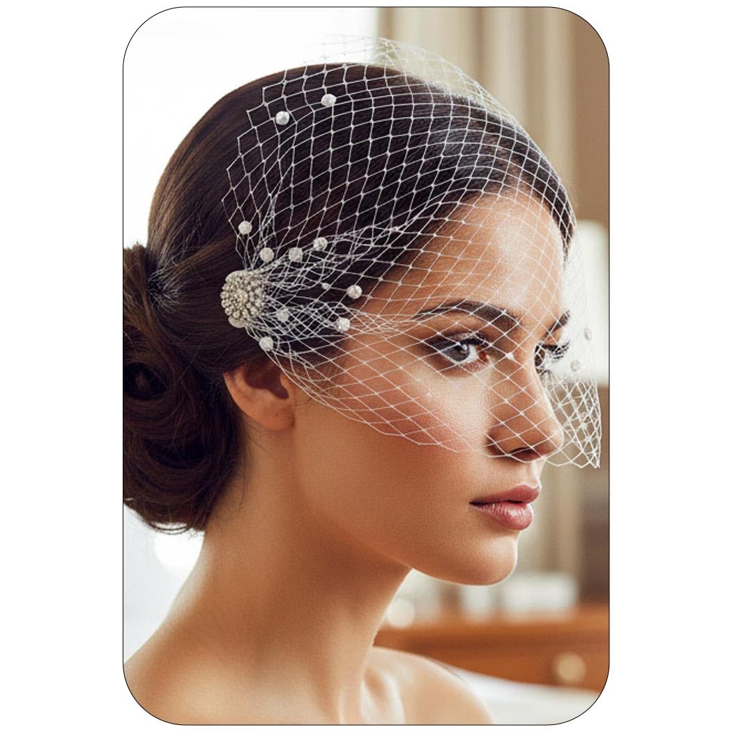 Unsutuo White Wedding Birdcage Veils with Comb Bridal Veil Pearl Bandeau Veil for Bride and Bridesmaid