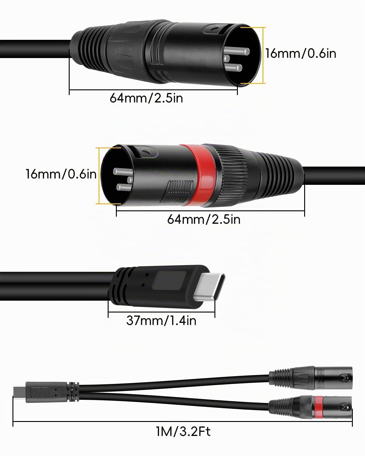 GELRHONR Câble audio mâle USB C vers Dual XLR, câble d'alimentation stéréo de type C à 2 XLR de 3,3 pieds pour amplificateur de puissance, haut-parleur, mélangeur audio et plus