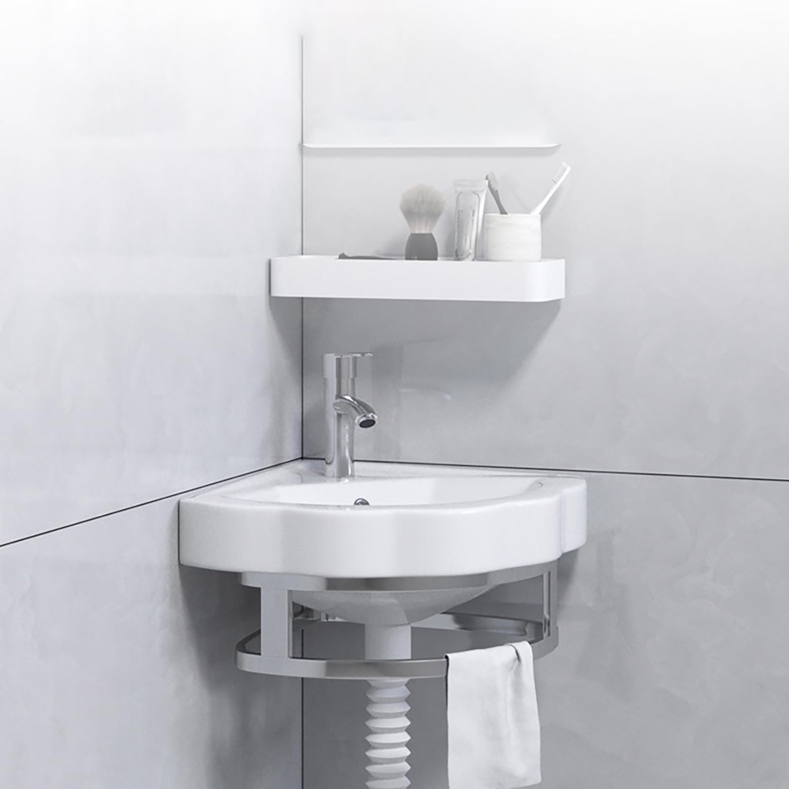 Fregadero triangular de porcelana montado en la pared con escurridor, perfecto para interiores y exteriores, para espacios pequeños, garaje, lavandería y lavaderos