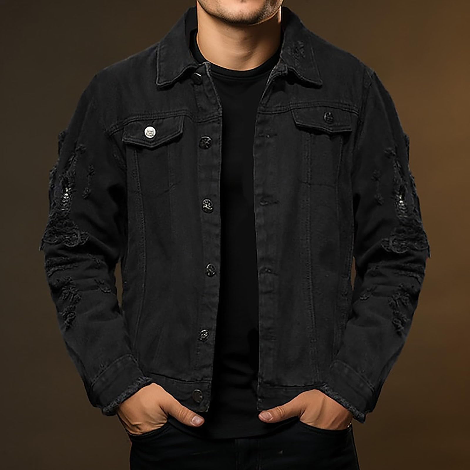 Generisch Giacca di jeans da uomo, 3 pezzi, slim fit, comoda giacca da mezza stagione con tasca sul petto e button down in denim, tinta unita, casual, traspirante, leggera, per tutti i giorni