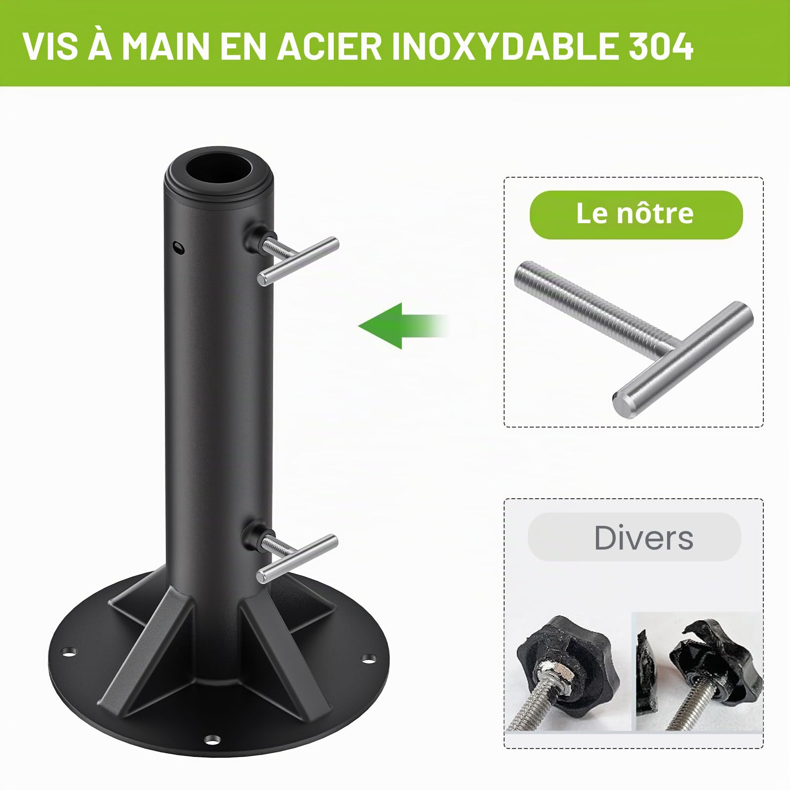 Dolibest Pied Parasol, Support de Tube de Parapluie Base Stable pour Parasol 30cm Hauteur avec 3 Douilles pour Poteaux de 3 à 5cm, Convient Aux Terrasses en BéTon ou Een Bois, Ronde