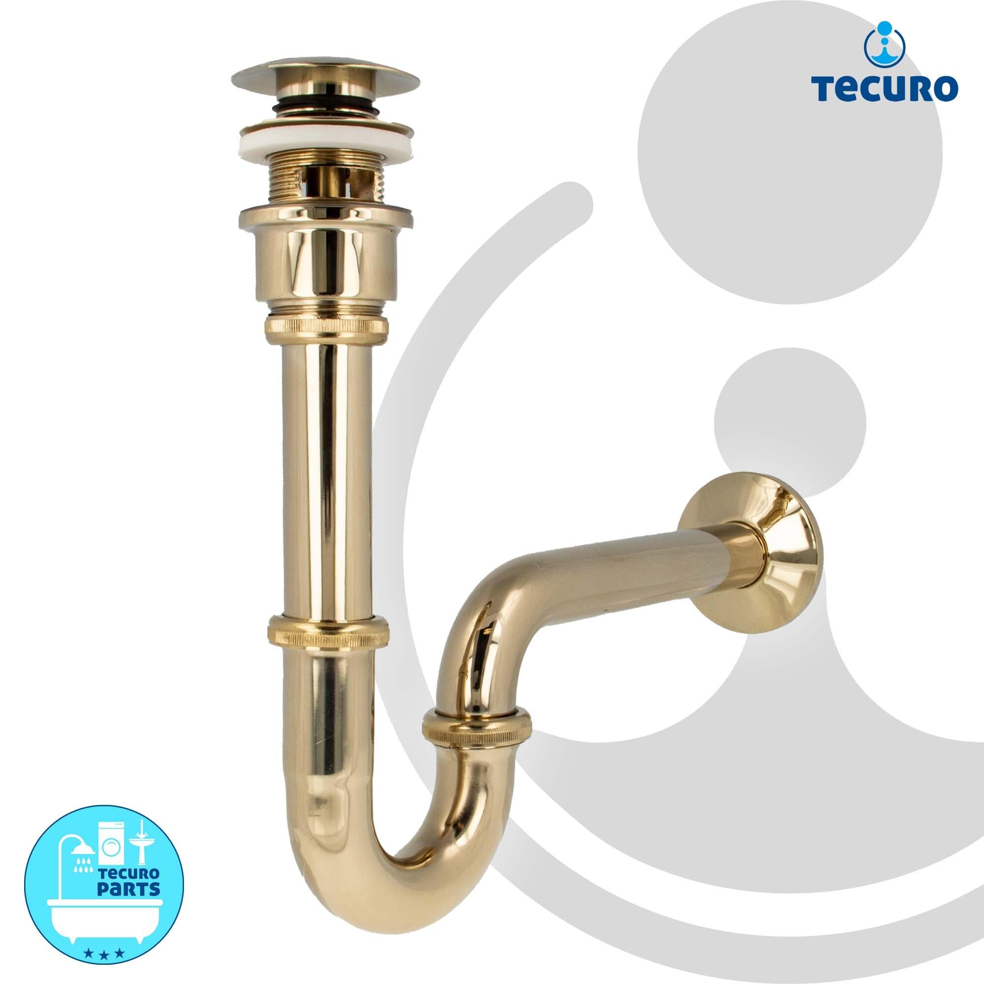 tecuro Siphon extra lang mit Pop Up Ablaufventil vergoldet - Universal Set für Waschtisch/Waschbecken