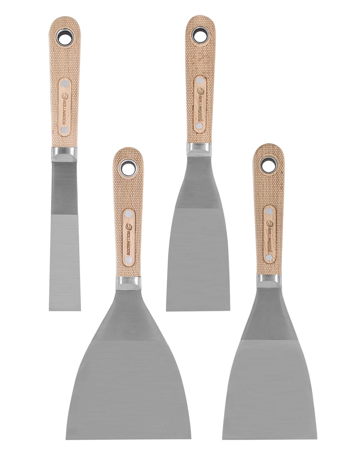 ROLLINGDOG 4PC Putty Knife Scrapers - Stainless Steel Spackle Knife Set with Laser Engraved Wood Handle for Scrapering,Drywall Repairs and Spreading(1",2",3",4")