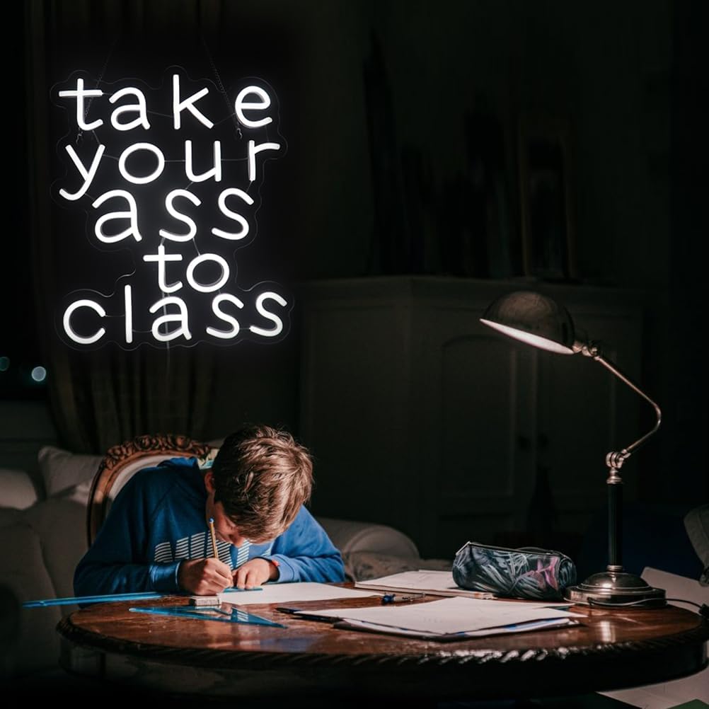 "Take Your To Class" Motivational School Neon Light - Bold & Focused LED Wall Art for Study Room, Dorm, Home Office or Student Decor, Dimmable USB, Direct Gift for Students, Scholars & the Determined