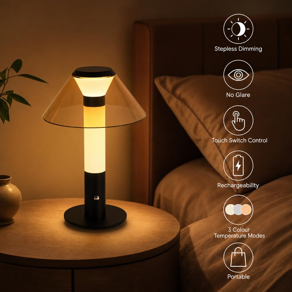 Tischlampe 1800mAh Batterie ohne Kabel LED Modern Dimmbar (Schwarz) | Akku Tischleuchte Touch USB Aufladbar Nachttischlampe 3 Farbtemperatur für Schlafzimmer Esstisch Camping Metall+Acryl