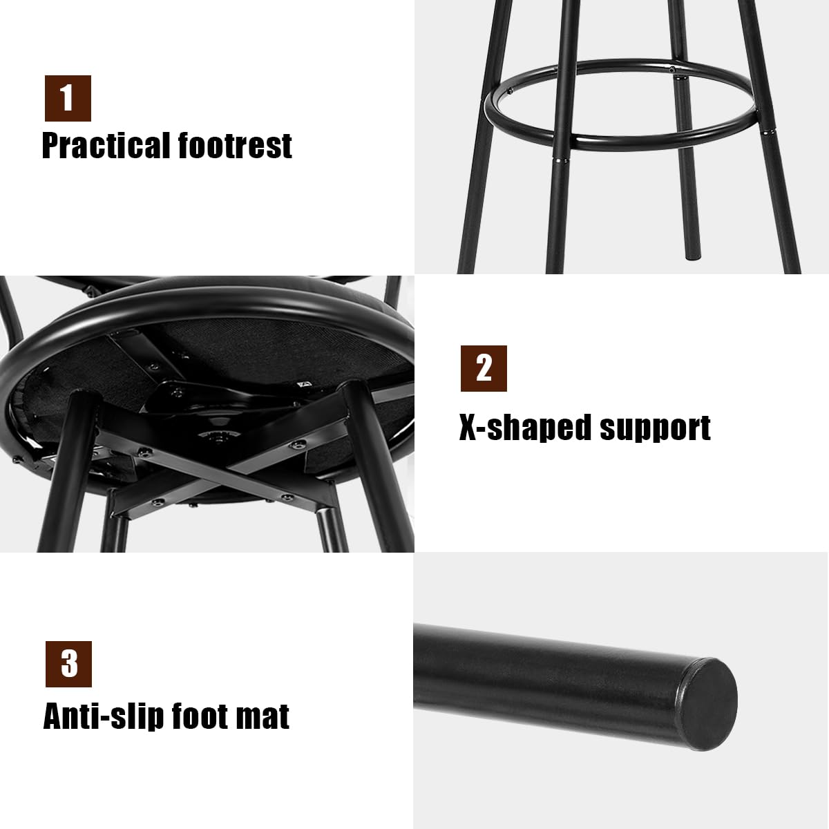 Zestaw 2 obrotowych stołków barowych o 360° z oparciem i podnóżkiem, krzesła kuchenne z metalu i skóry, wysokość 72 cm, idealne do baru, restauracji, stylowy czarny design
