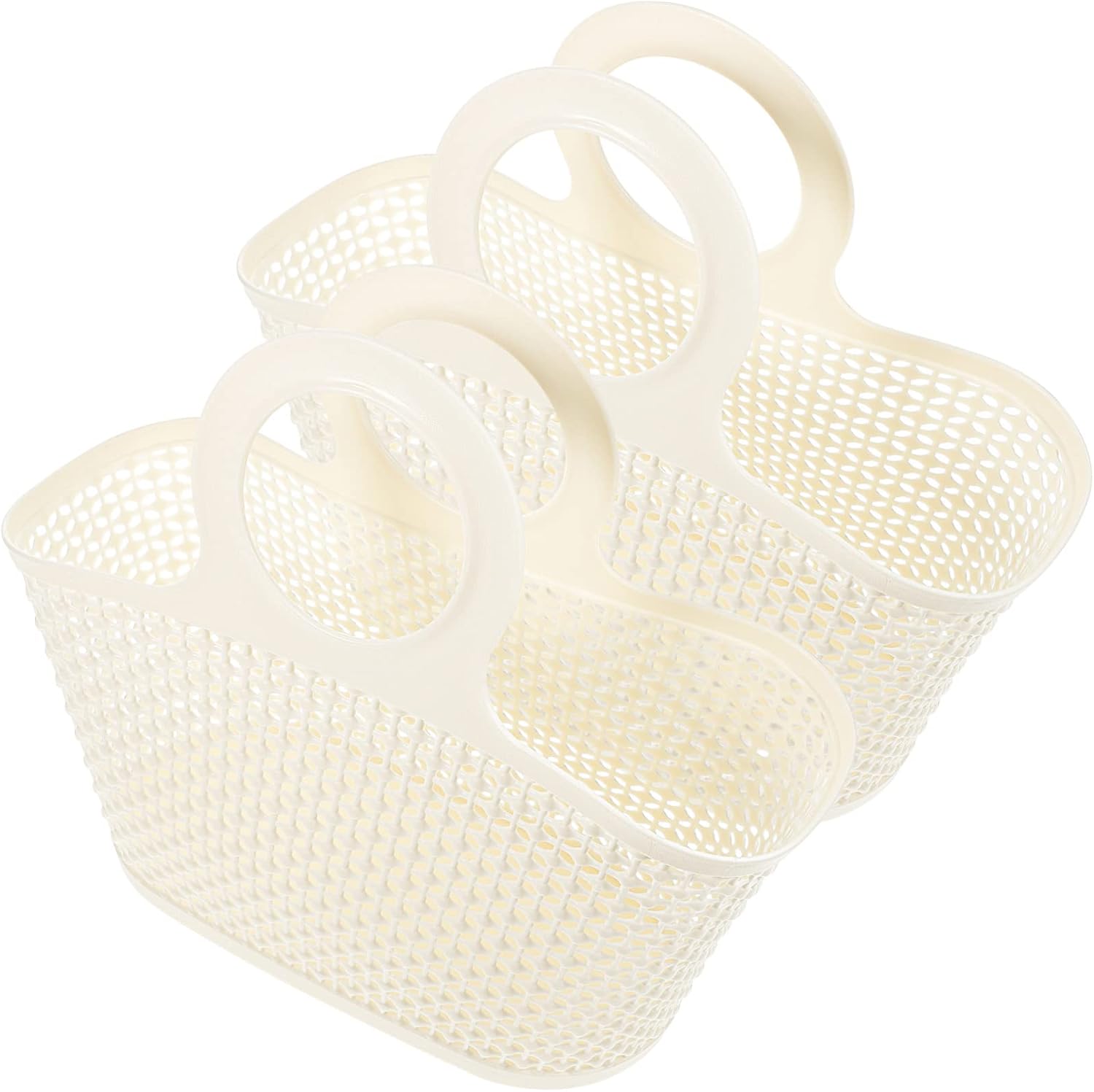 2Pcs Portable Handheld Shower Basket Set Beige Small Bathroom Organizer Waterproof Toiletry Storage Handle for Home and Travel