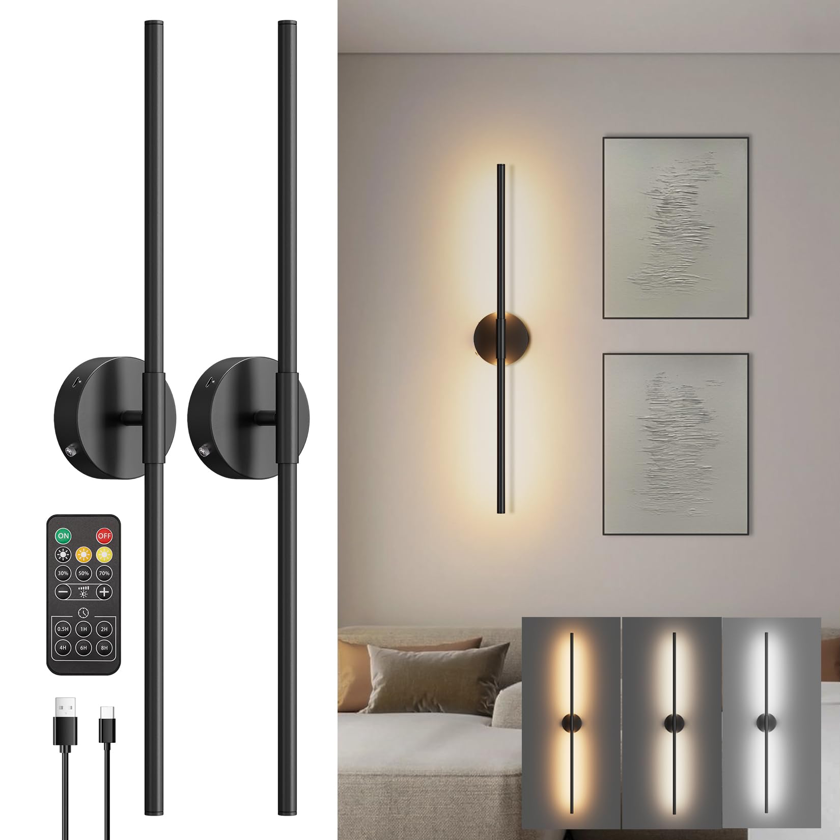 Nastopee 2 stuks accu-wandlamp met afstandsbediening, 10.000 mAh batterij, wandlampen voor binnen, 3000 K-6500 K, led, dimbare draadloze wandlamp, 360 graden draaibare touch bedlamp, timer, 70 cm