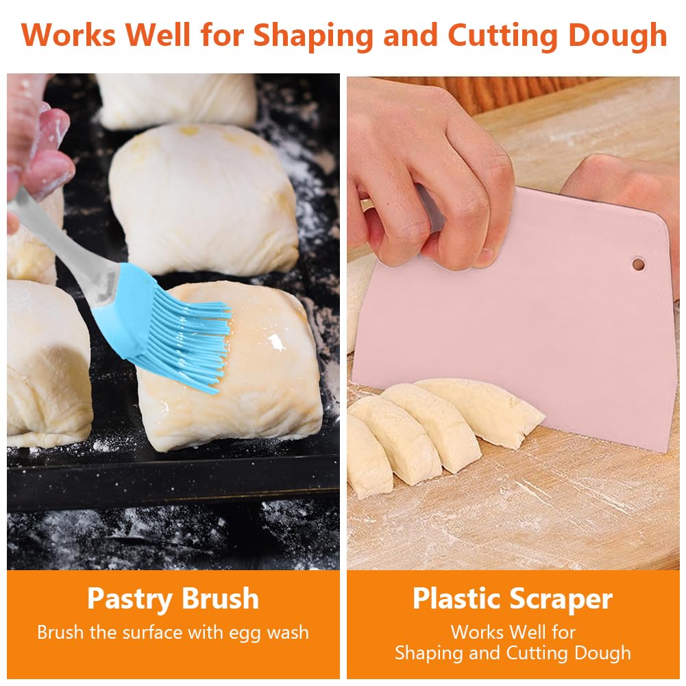 OSDUE Cuchilla Panadero, 4 Piezas Batidor Danés, Cuchilla Panadero Greñar Pan con 10 Hojas & Funda Protectora, Espátula para Masa y Cepillo Hornear, Ideal para Baguettes Masa Pan Casero y Repostería
