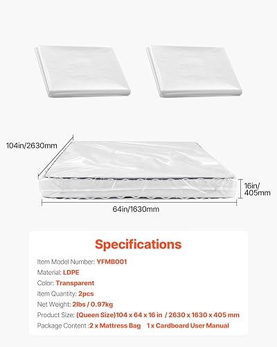 Miniatura 7 de VEVOR Bolsa de colchón para almacenamiento de mudanzas, (2 unidades, Queen) Bolsa de colchón de plástico de 2 mil, resistente al desgaste e
