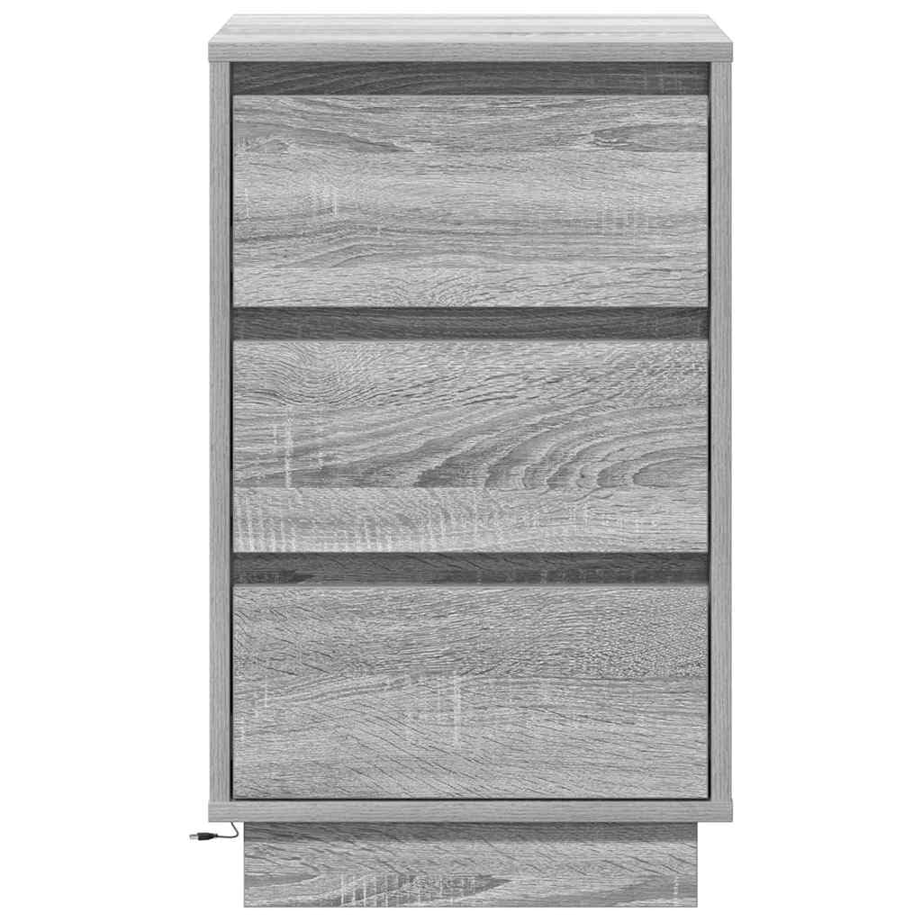 Moderner Nachttisch Grau aus Holzwerkstoff 39 x 34,5 x 65 cm mit 3 Schubladen, LED-Lichterketten, USB-Anschluss, Stauraum für Schlafzimmer, Nachtkonsole und Beistelltisch