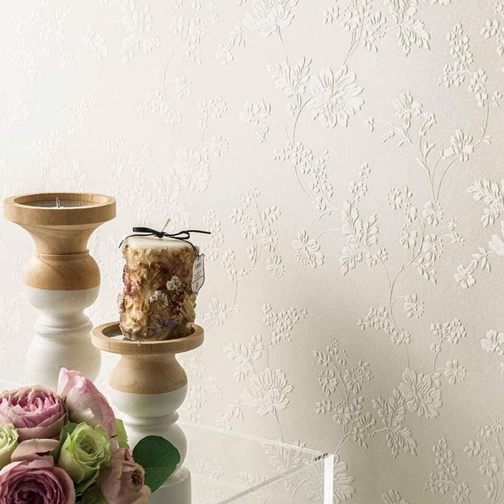 Amazon | 壁紙屋本舗 壁紙 のり付き クロス 白 ホワイト 花柄  