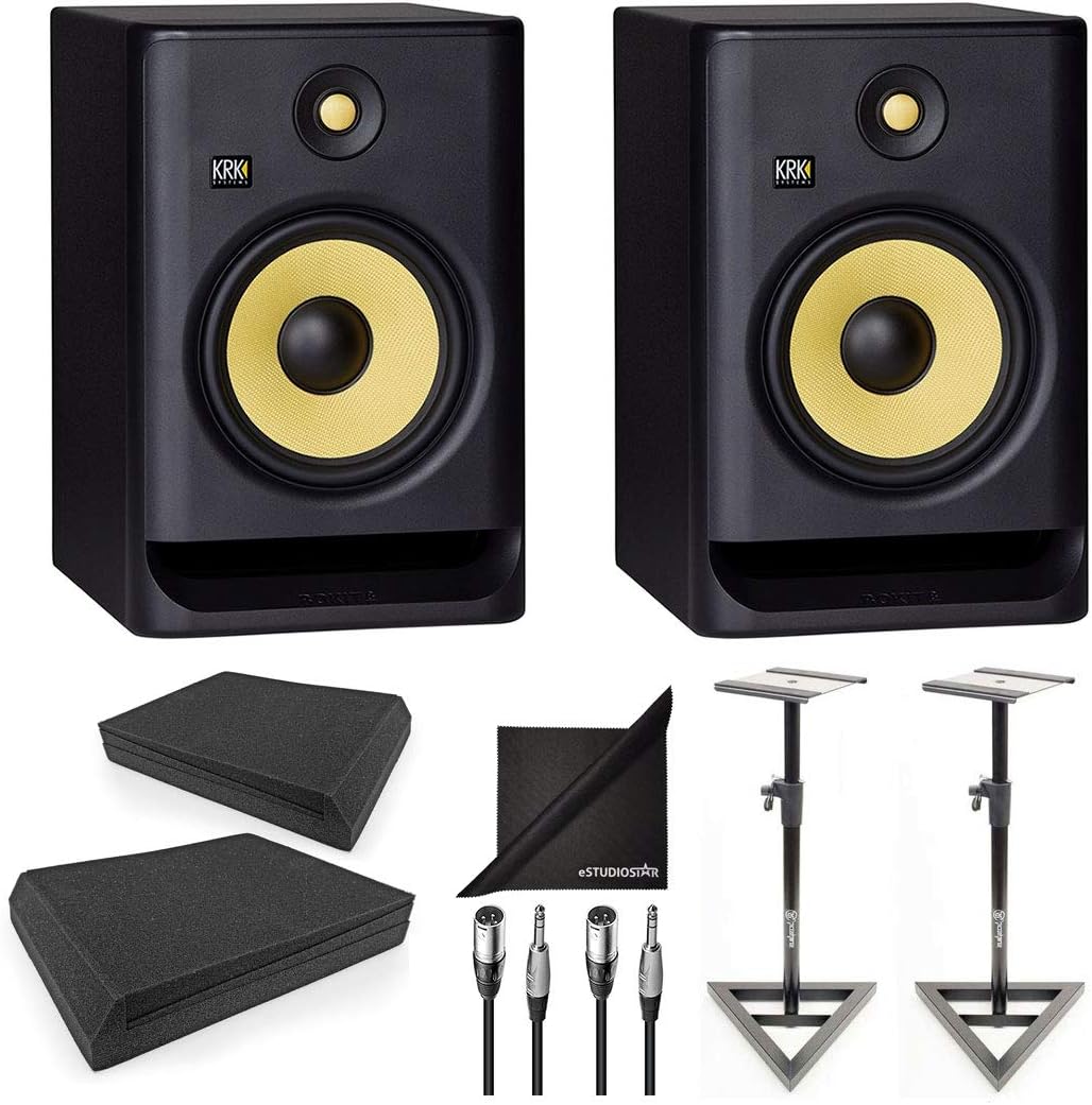 KRK ROKIT RP8G4 8 G4 8" Studio Monitoring Speakers w/ AxcessAbles Speaker Stands, Isolation Pads, Audio Cables and eStudioStar Polishing Cloth