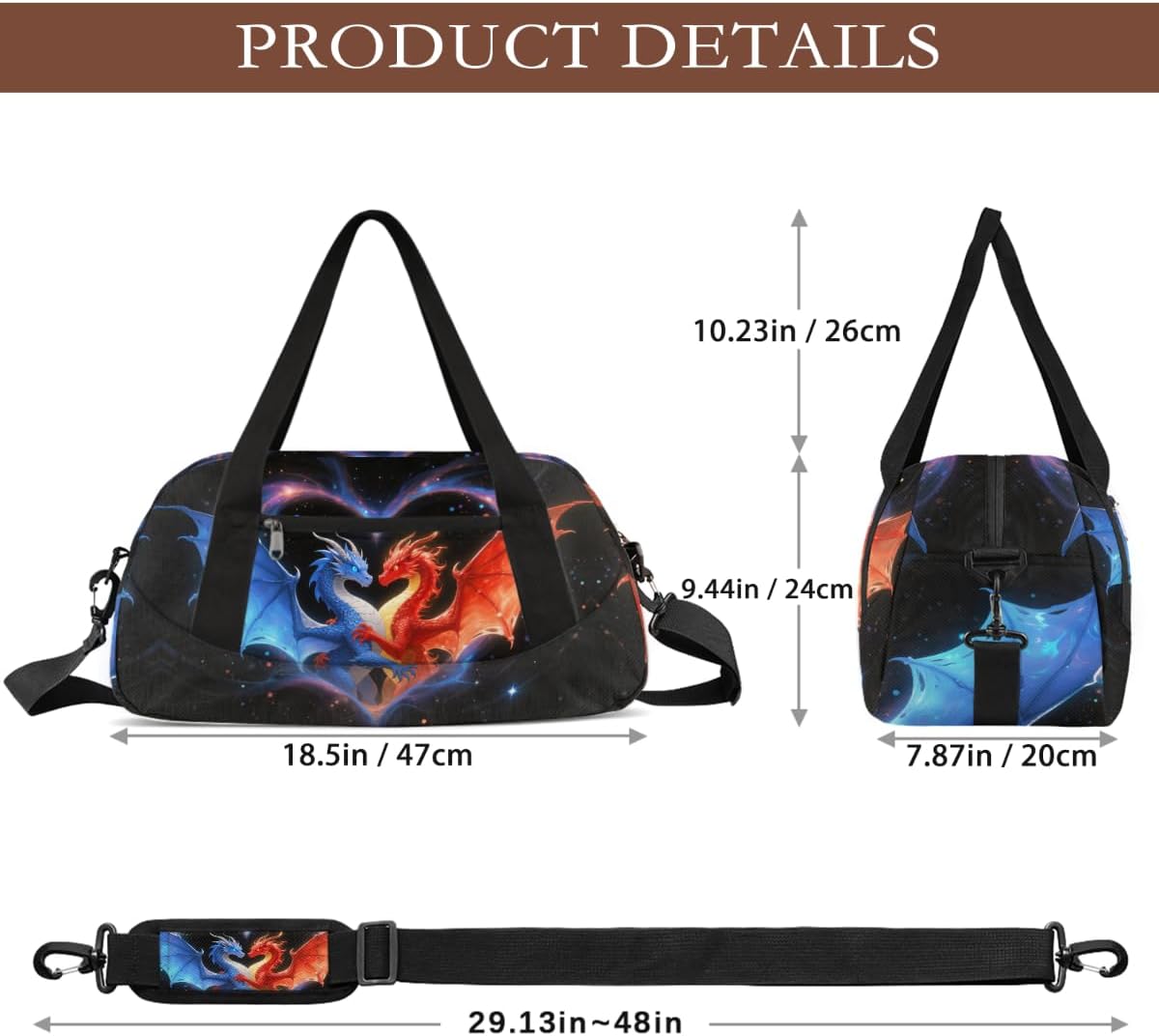 Gym Travel Duffle Bag for Boys - Red Blue Dragon Kids Overnighter Weekend Bag with Front Zipper Pocket for School Practice, Teens Carry-On Size Sleepover Bags