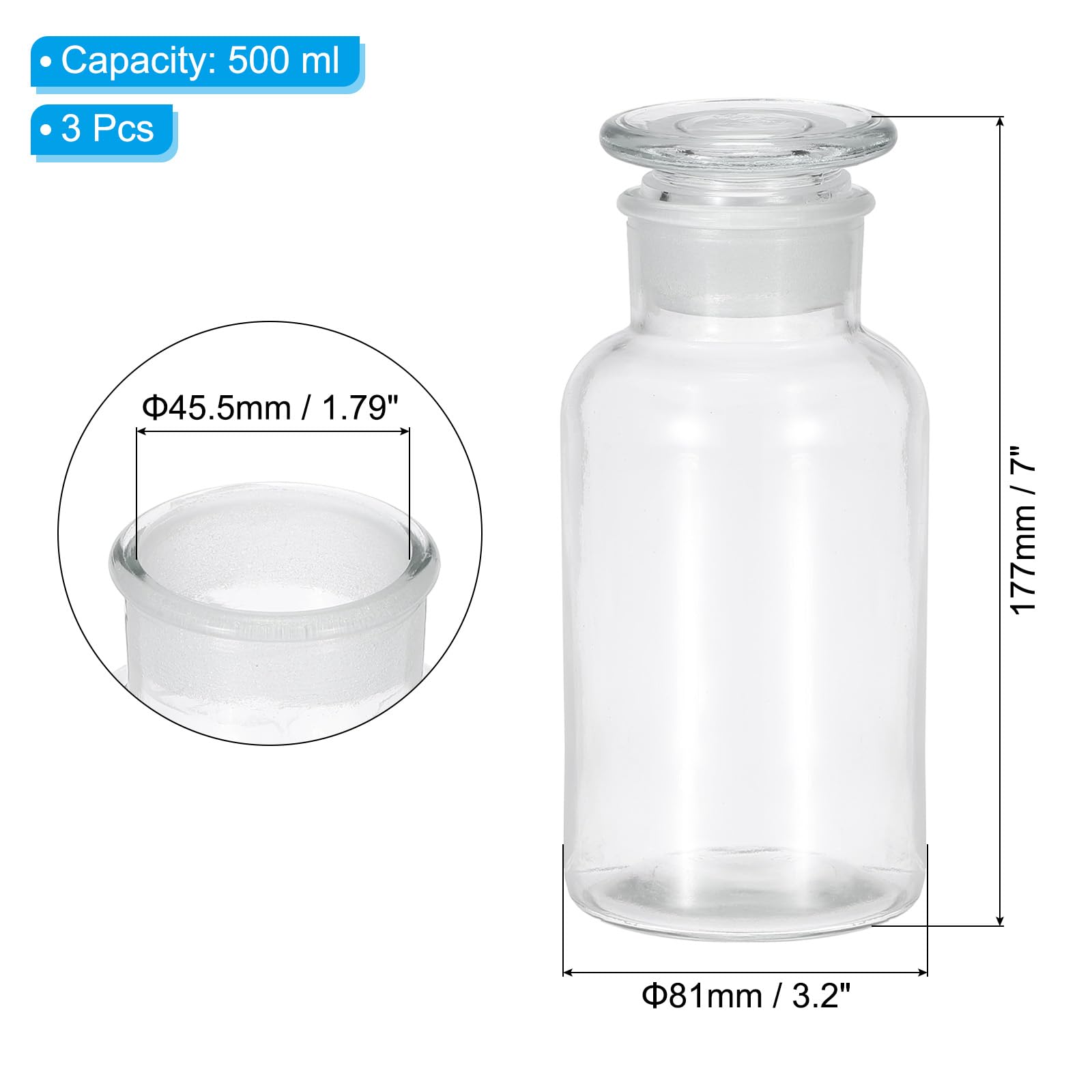 PATIKIL Frasco De Medio Reactivo 3 Pcs 500ml Vidrio Boca Ancha Frasco Almacenamiento Medio Reactivo Con Tapón De Vidrio Esmerilado Para Laboratorio Agua Líquidos Reactivos Química
