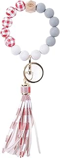 102 Keychain Bracelet Wristlet Silicone Beaded Keychain Cute Tessel Keychain for Car Keys Women Girl Firend (red-white lattice)