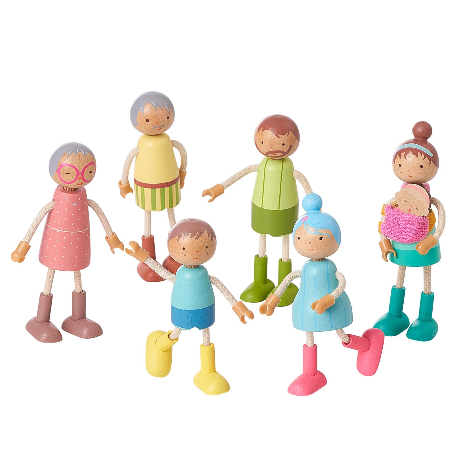 Giant bean Wooden Family Dolls Set of 7 for Dollhouse, DollHouse People Miniature Dollhouse Accessories Toy for Boys Girls Kids Pretend Play 3 Years up