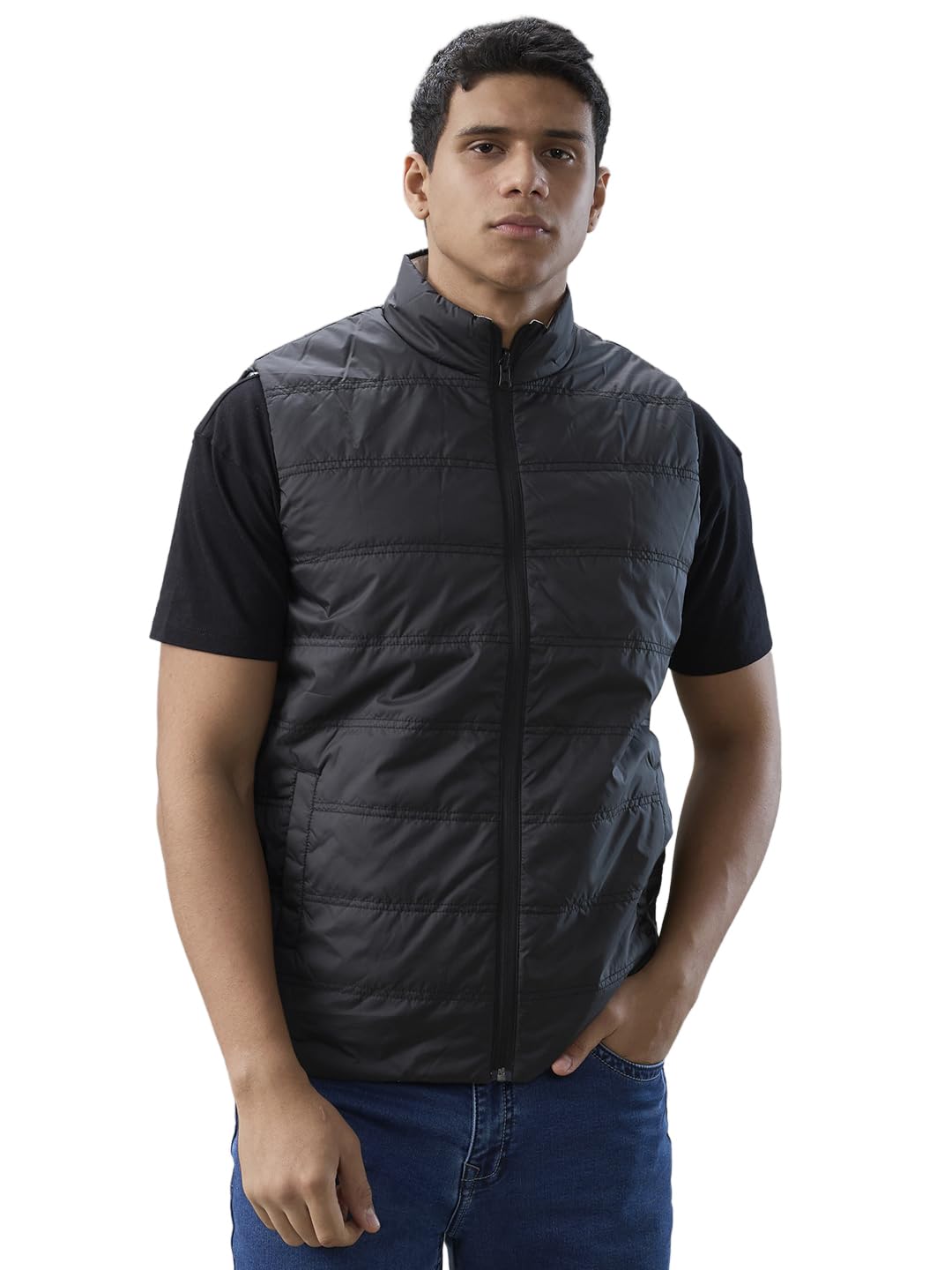 men regular fit solid pattern pure polyester high neck sleeveless casual outerwear