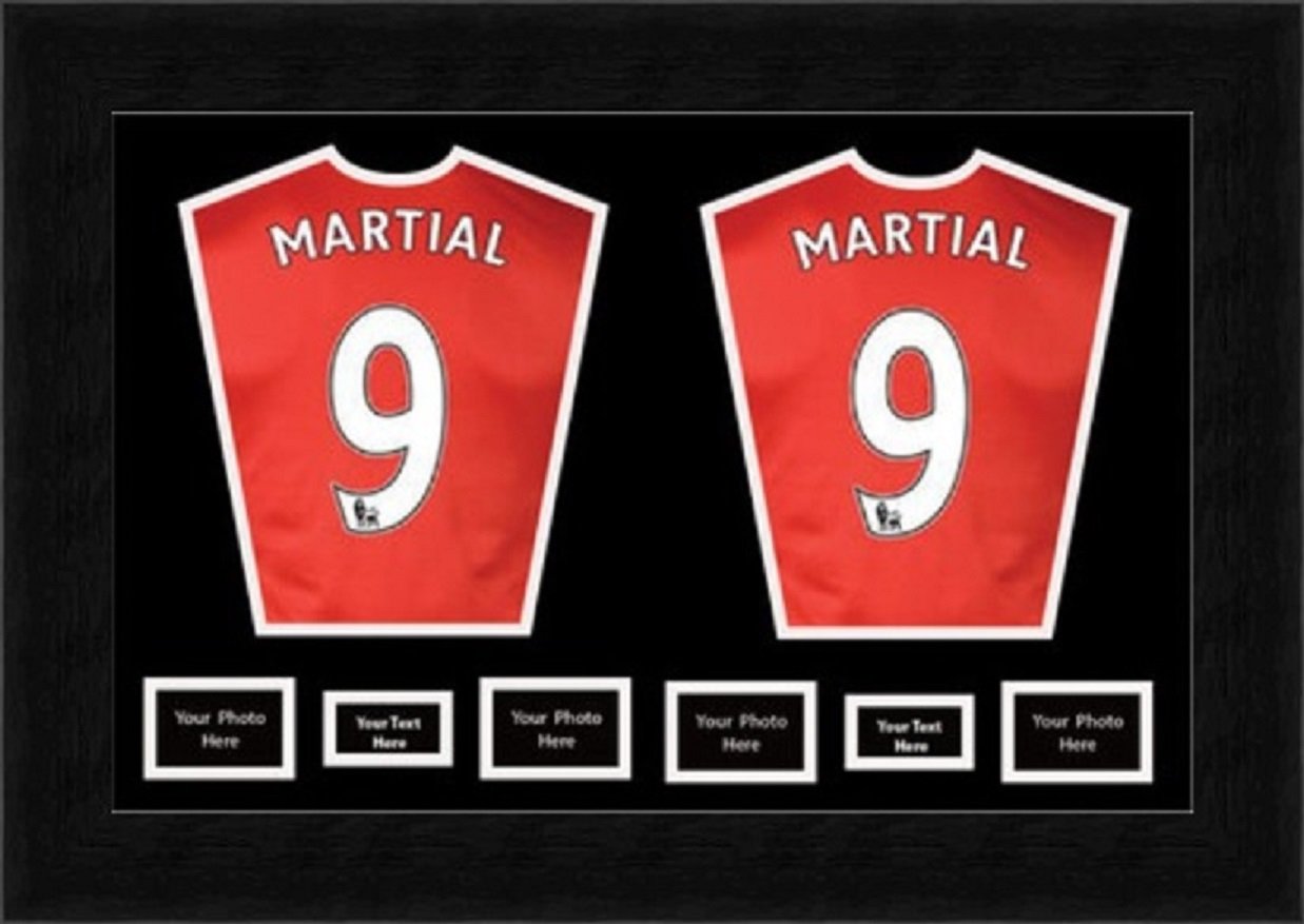 Football Shirt Frame For 2 Signed Shirts With Front Mount | Dual Display With 4 Photo Openings And 2 Message Openings | Fits Football, Rugby, Cricket | Black Mount - Black Frame