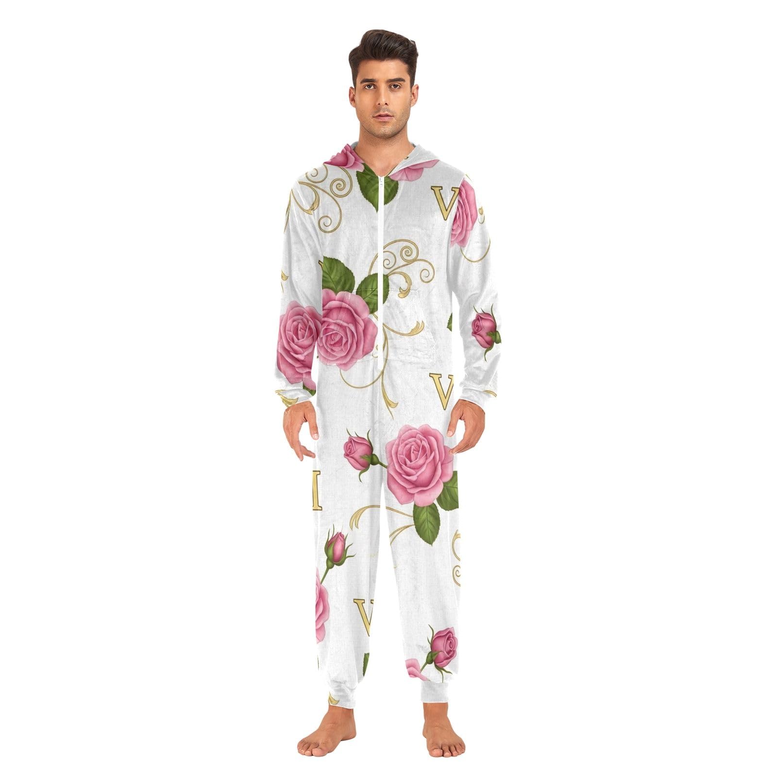 Tuta intera da adulto con rose rosa vintage, tuta intera con cappuccio in pile con cerniera, pigiama super morbido e caldo con tasca