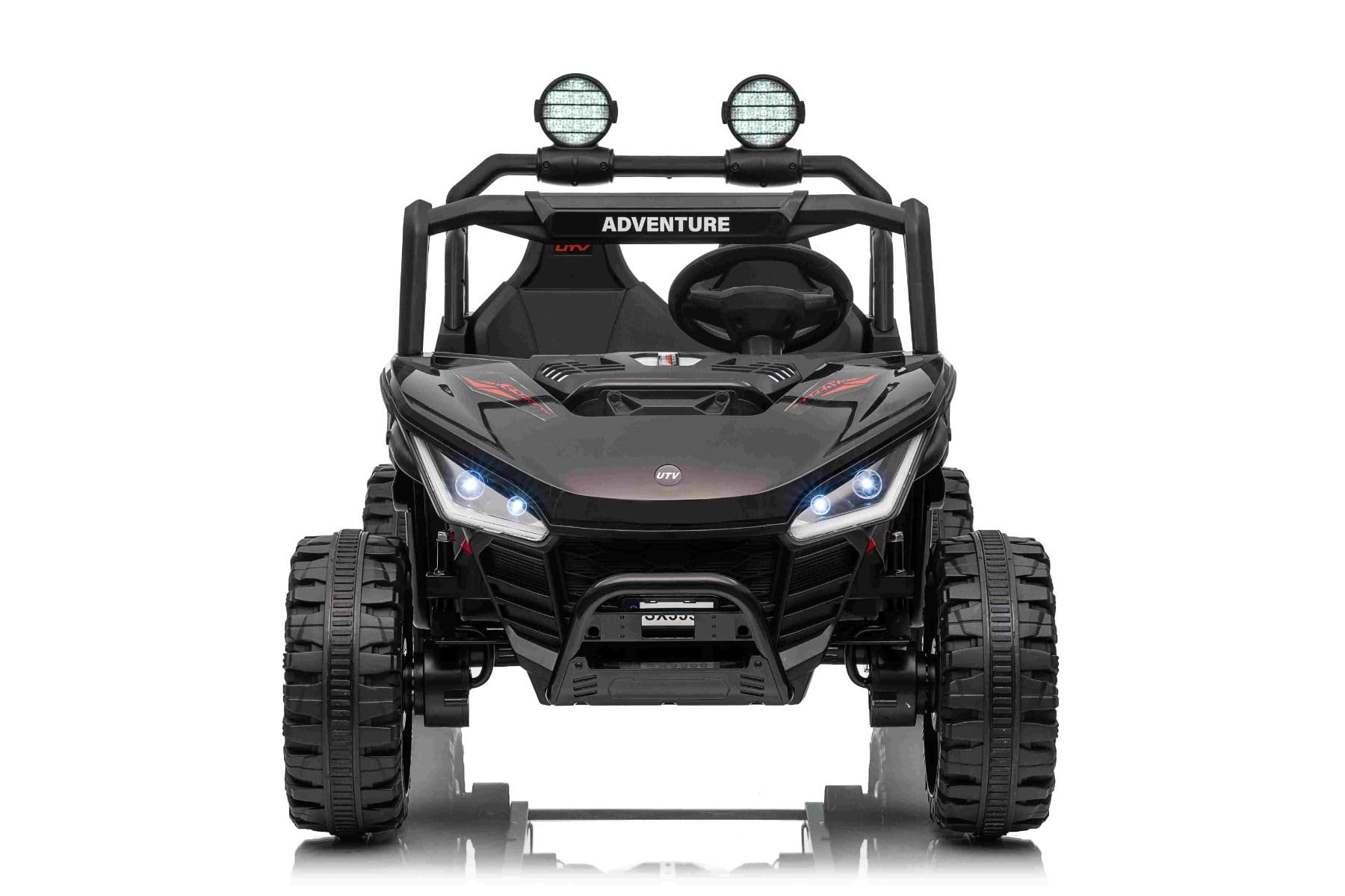 Elektryczny samochód dla dzieci T-Rex Ride 4x4, dwumiejscowy, 24V, czarny, odtwarzacz MP3 z wejściem USB/AUX, skrzynia biegów 4x4, bateria litowa, zawieszenie, pilot zdalnego sterowania, reflektory