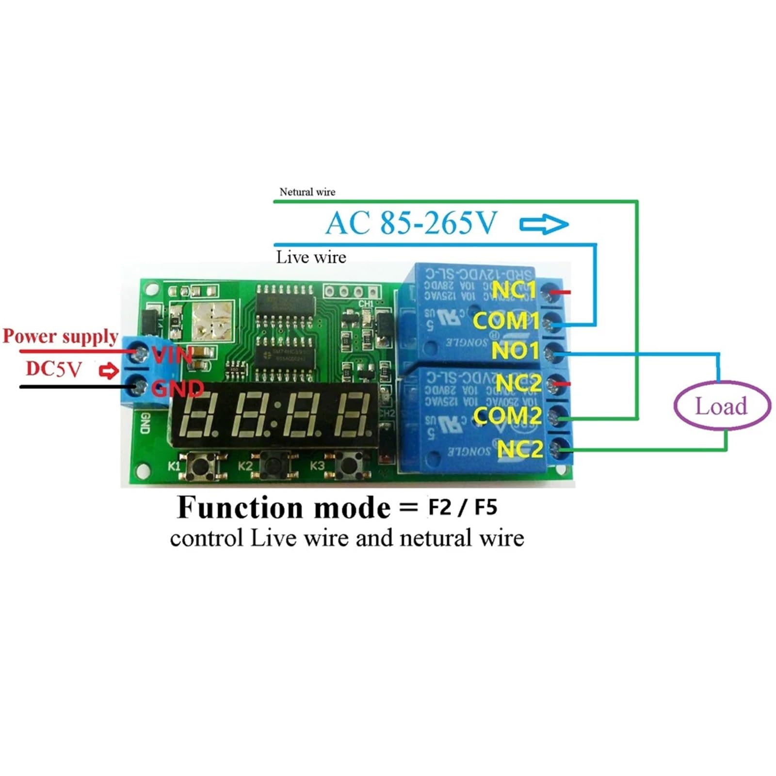 KC22B02 5V Modulo relè di ritardo multifunzione a 2 canali Modulo interruttore relè timer ciclo 0-9999s for motore LED Smart Home
