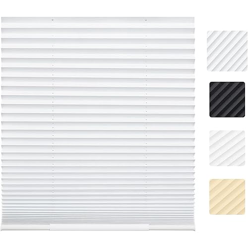 Cordless Pleated Window Shades No Drill Cut to Size Pleated Blinds Easy to Install Window Blinds for Windows Doors (Blackout White, 23 1/2" W x 59" H, 1pack)