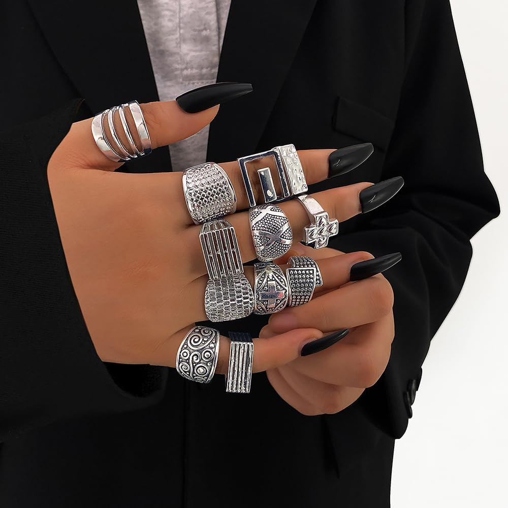 KISS WIFE Cool Rings Set for Women, Vintage Silver Punk Rings Bulk, Gothic Chunky Knuckle Emo Stackable Finger Ring Pack Western Jewelry Gift for Her - Image 4