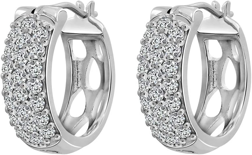 J'ADMIRE 1.22 carats Swarovski Zirconia Round Pave Huggie Hoop Earrings, Platinum Plated Sterling Silver