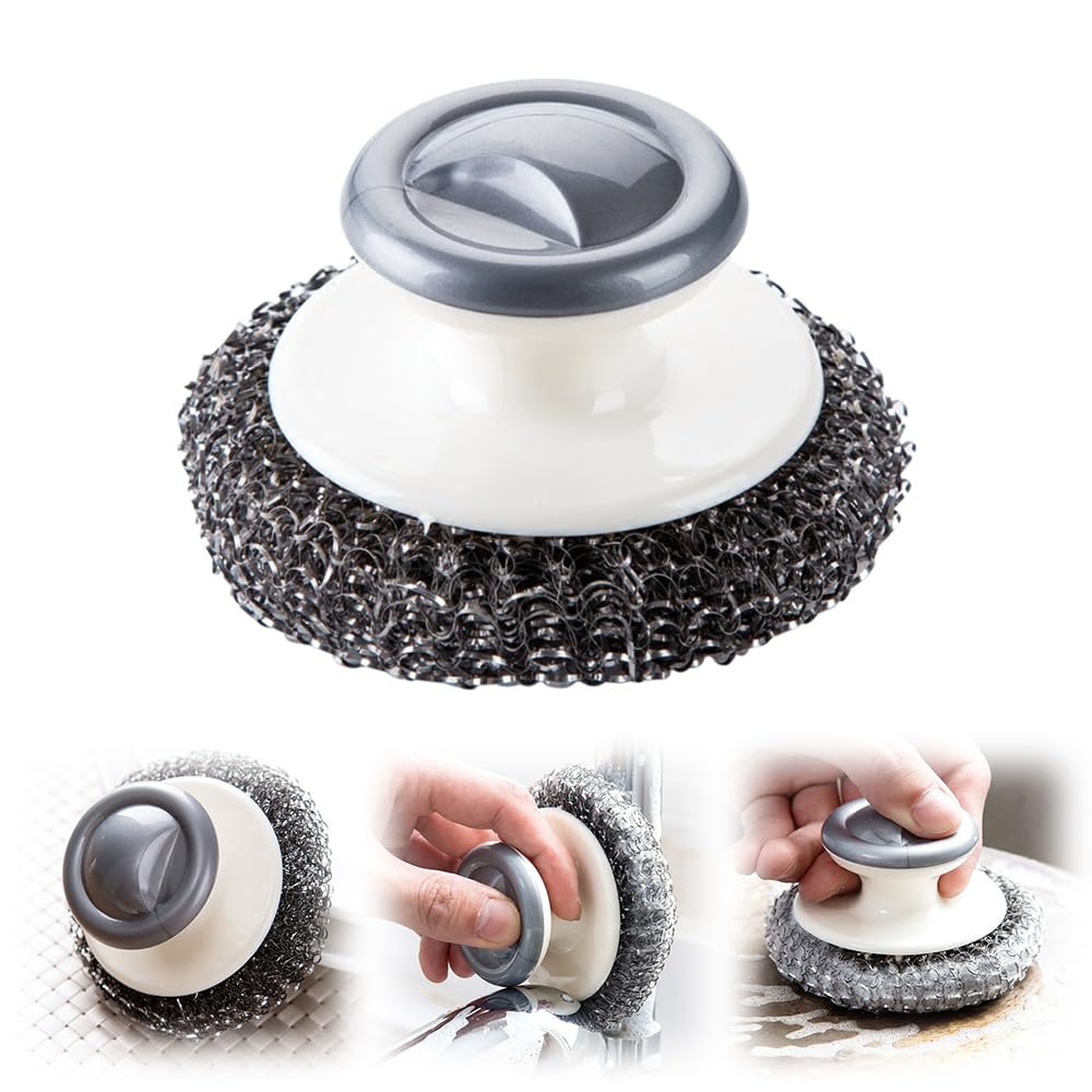 Stainless Steel Wool Scrubber with Handle, 2025 New Upgrade Dish Scrubber Cleaning Brushes, Stainless Steel Scrubber Kitchen Metal Scrubber for Pots, Sink and Grills (1pc)