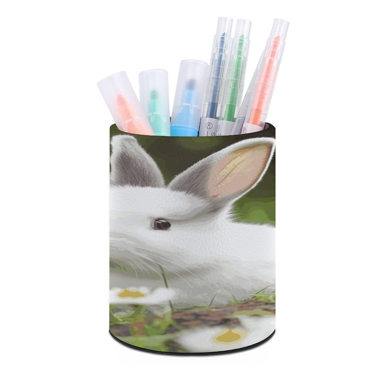 LDGSUPH Two Little Cute Rabbits Round Pen Holder Leather Pen Cup Pencil Cup Pen Organizer Pencil Holder for Desk Organizer Pencil Organizers Makeup Brush Holders for Home Office Gift