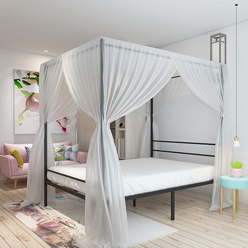 Miniatura 13 de JOM Marco de cama con dosel, tamaño individual, metal negro, 4 pósteres, marco de cama individual, esquina moderna con cabecero para niñas y niños