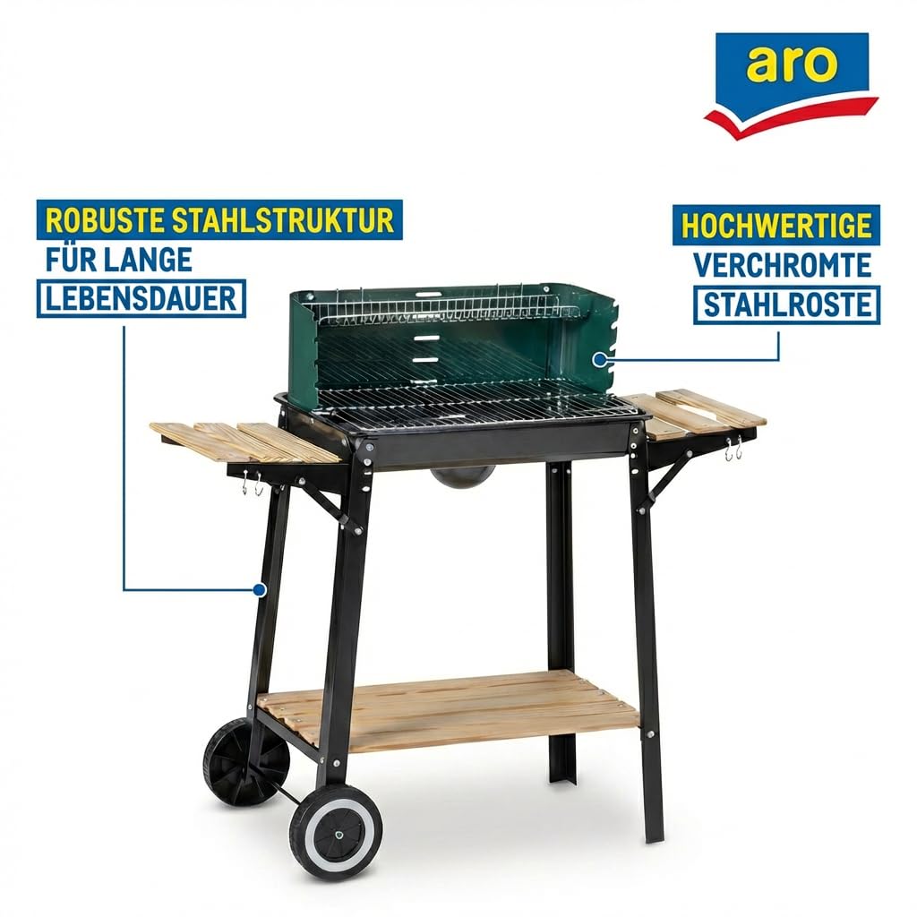 aro Holzkohle Grillwagen, Stahl/Holz, 2 Grillroste und 2 Seitenablagen, Holzgriffen, mit 2 Räder, Windschutz, grün (grün)
