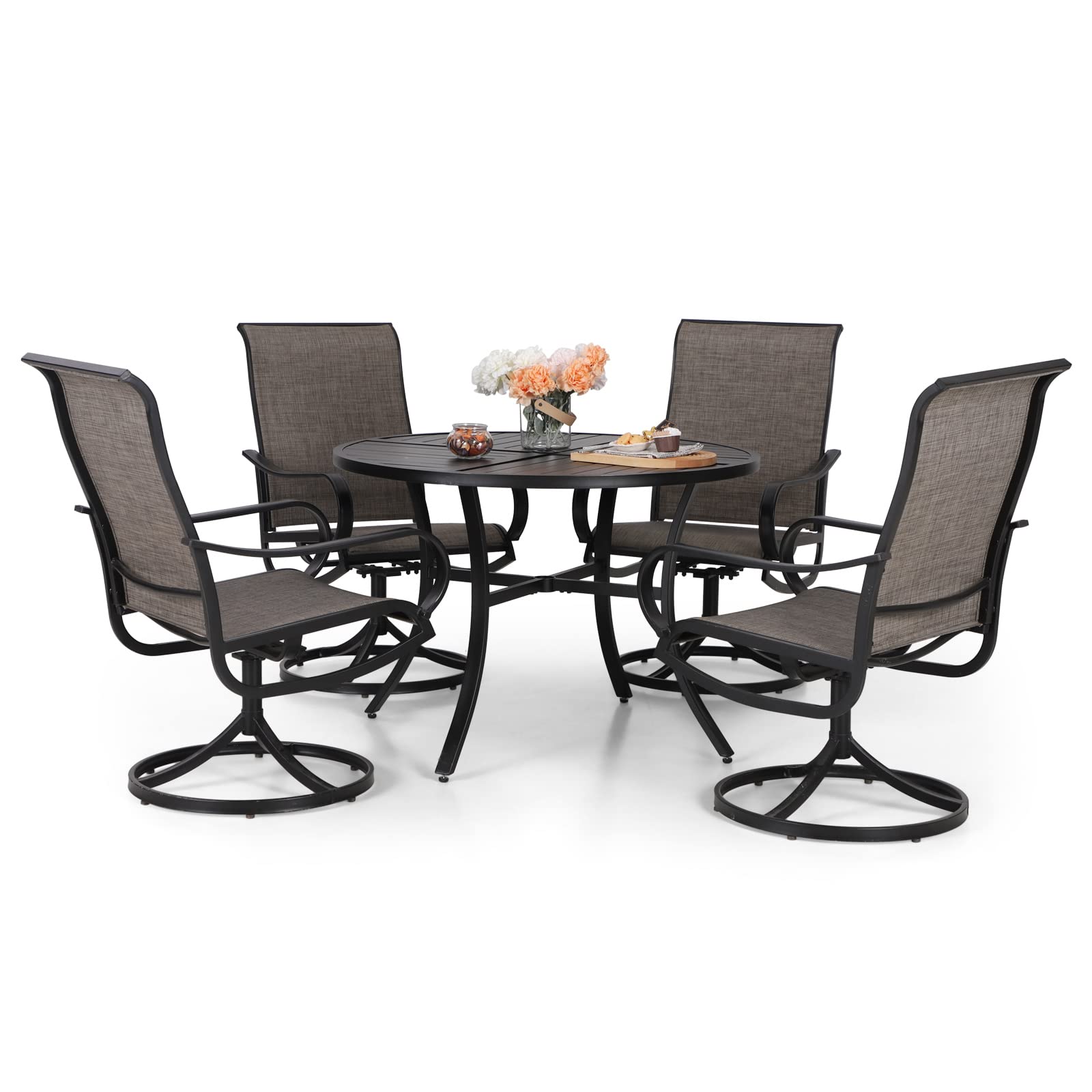 Sophia &amp; William Patio Dining Set for 4, Round Table &amp; Brown Swivel Chairs
