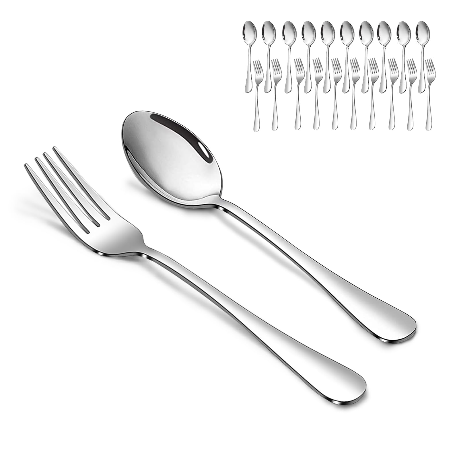 Forks and Spoons Set, 10PCS 6.7" Salad Forks and 10PCS 6.7" Soup Spoons, Stainless Steel Silverware set of 20, Mirror Polished & Dishwasher Safe