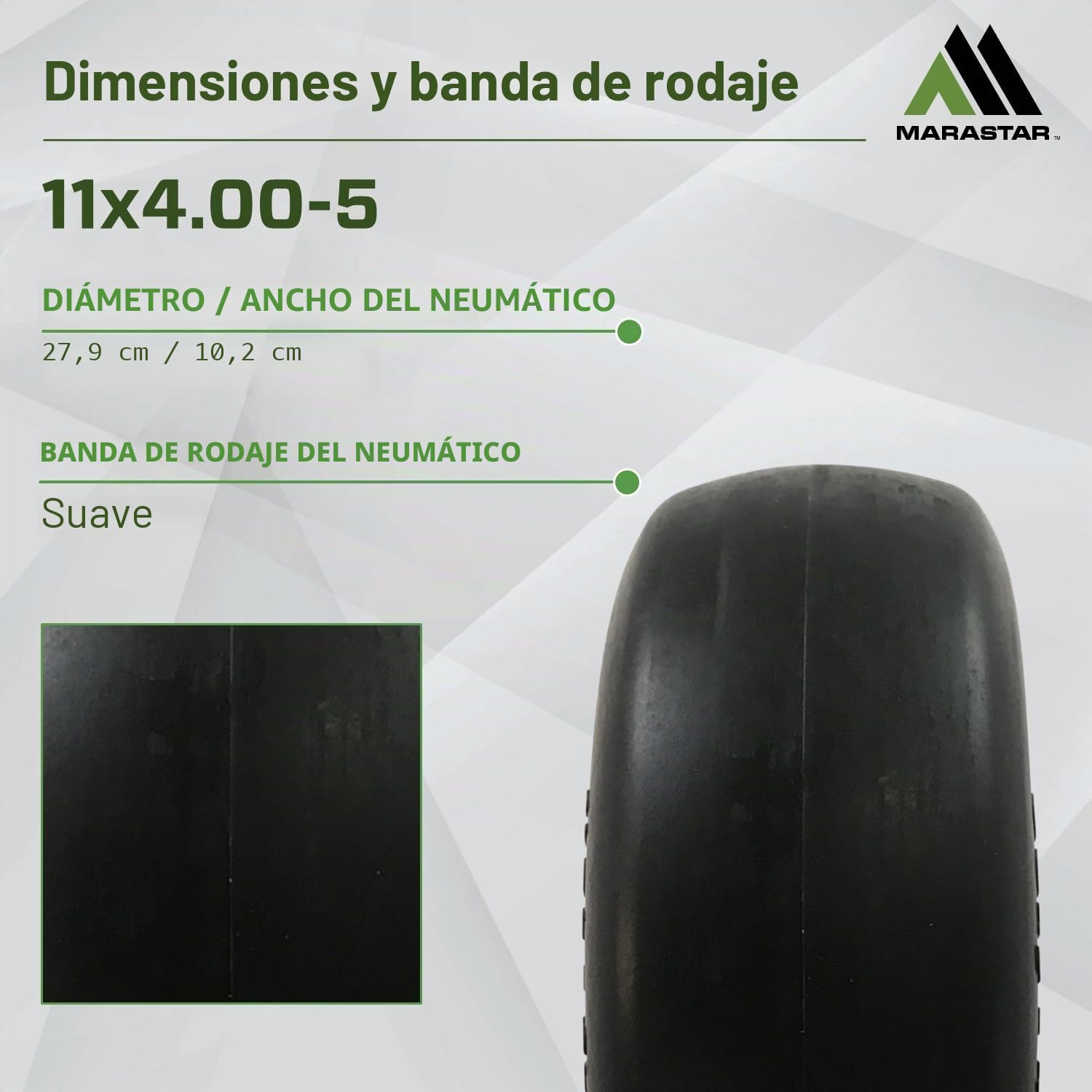 MARASTAR 00232 - Neumáticos y montaje de rueda - Ajuste universal - Flat-Free - 11 x 4.00-5 - Neumáticos de repuesto para cortacésped Zero Turn - Superficie de rodamiento lisa - Kit adaptador incluido
