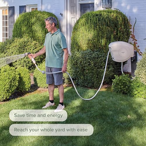 HOSELINK Classic Beige 100ft Automatic Retractable Garden Hose Reel, 1/2" UV-Stabilized Kink-Free Hose, Wall Mounted Complete Watering Solution for Backyard, Garden & Outdoor