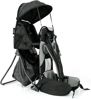 Lil' Boss Kinder Rückentrage Wandern, FASports Kindertrage 20kg bis 25kg, ergonomische Kindertrage Rucksack mit Regen- und Sonnendach, Kinderkraxe Kleinkind Schwarz-Grau, 50 x 38 x 90 cm
