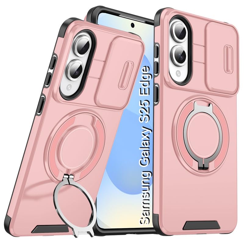 Image of LuxuryKase Shockproof Rugged Case for Samsung Galaxy S25 Edge | Slide Camera Cover | 360 Rotating Ring Kickstand | Military-Grade Protection - Rose Pink