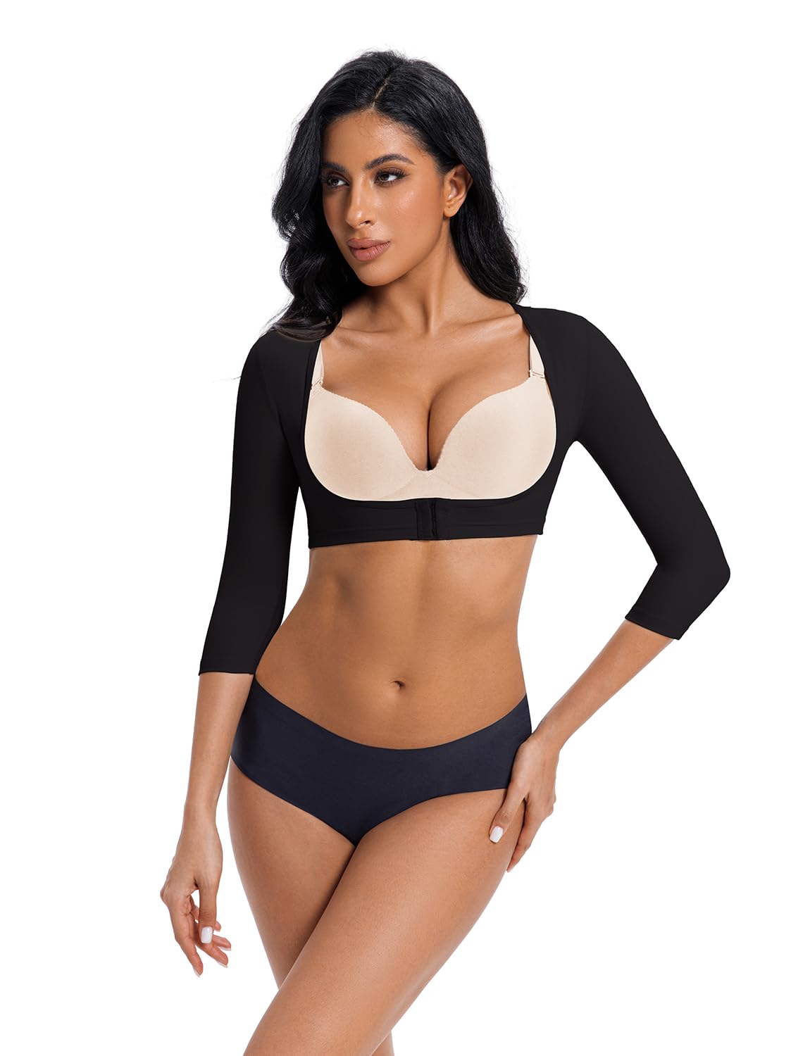 Moldeador de brazo superior para mujer, cierre frontal, manga de compresión posquirúrgica, mangas adelgazantes para busto abierto
