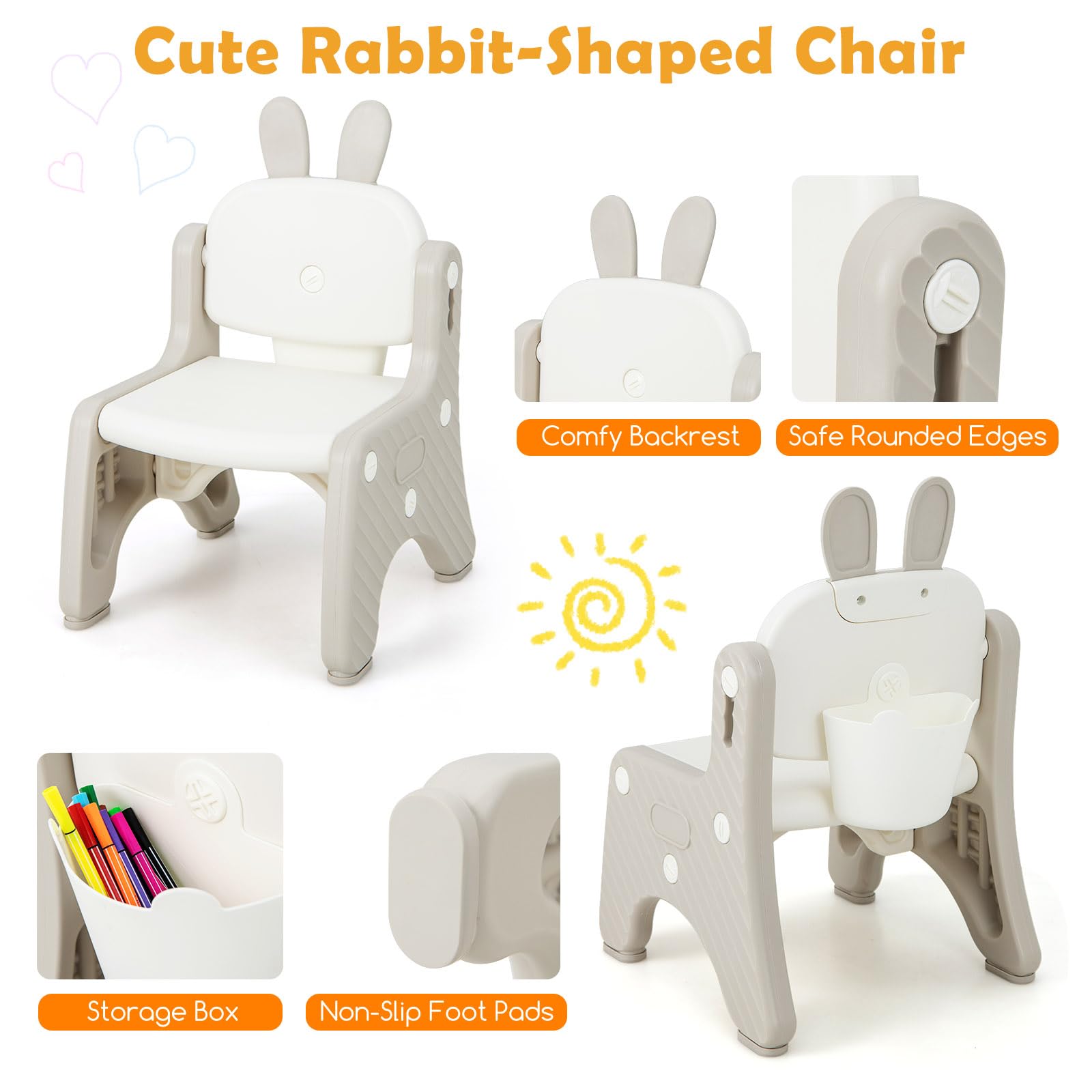 LIFEZEAL Tavolino e Sedia per Bambini 1-12 Anni, Plastica, con Accessori, Tavolo con Lavagna Magnetica, Porta Libri, Contenitore, Altezza Regolabile, Sedia Forma di Coniglio, Multiattivita, Cameretta