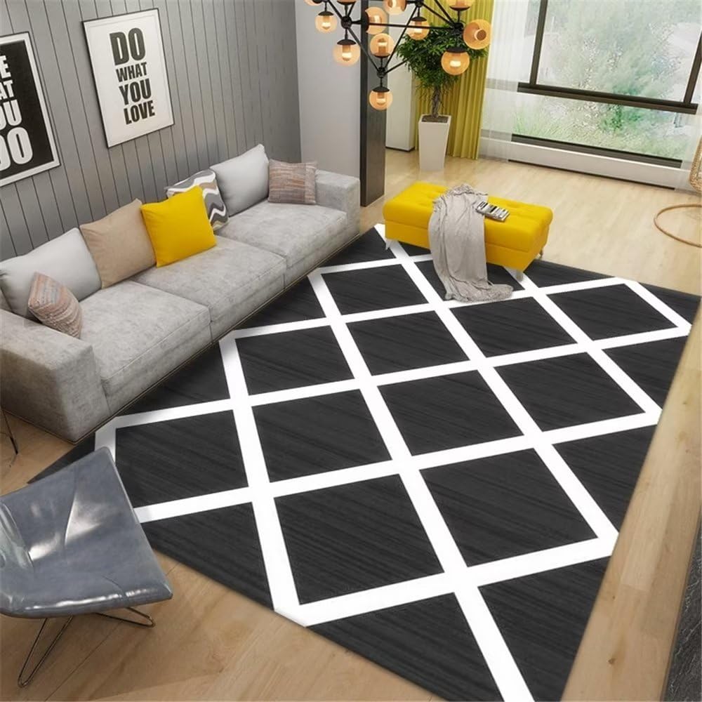 Tapis de salon noir 160x230 cm à grand treillis Deco Maison pour salle d'étude