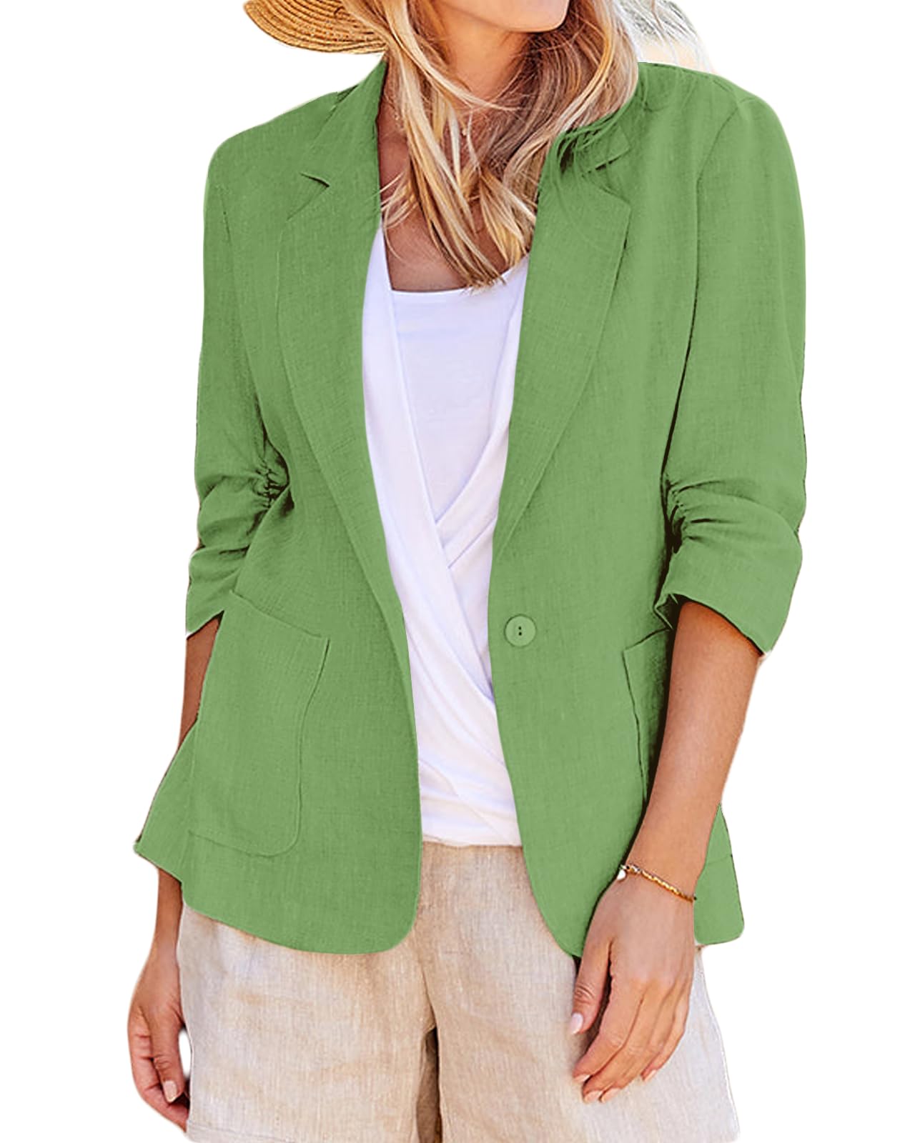 Mina Self2024 Summer Linen Blazer Women 3/4 Stretchy Ruched Sleeve Fully Lined Lightweight Breathable Casual Work Jacket