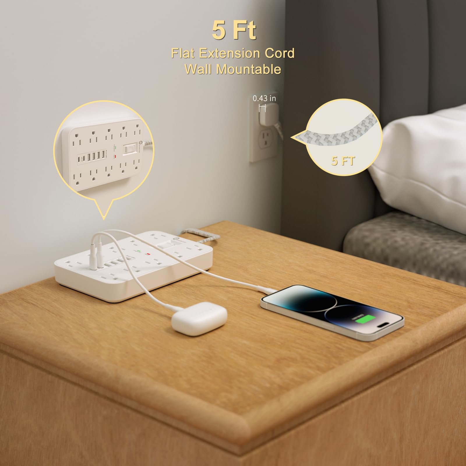 Overtop - Protector de sobretensión, cable de extensión trenzado de 5 pies, enchufe plano, 10 salidas ampliamente espaciadas con 6 puertos USB (2 USB C), estación de carga de computadora