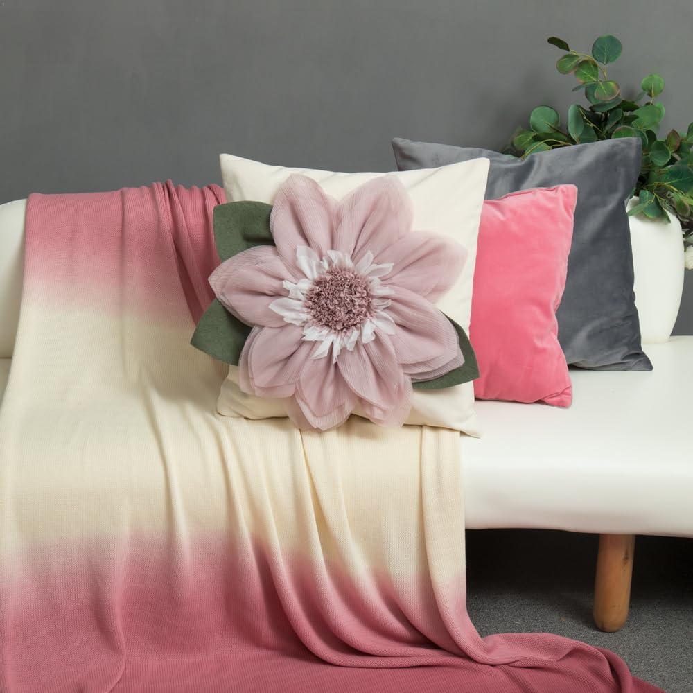 JWH Handmade Flower Decorative Throw Pillow Cover Decorative Floral Pillow Case Stereo Colorful Cushion Creamy White Pillowcase for Car Bed Couch Chair Home 18x18 Inches Grayish Pink