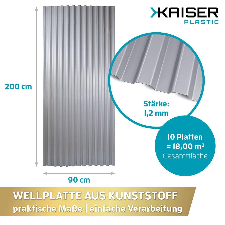 KAISER plastic® Wellplatten Grau | Wellplatten Dach, Welldach Kunststoff | Dachplatten wetterfest | Überdachung | Trapez 76/18 – 90 x 200 cm | 10 Stk.