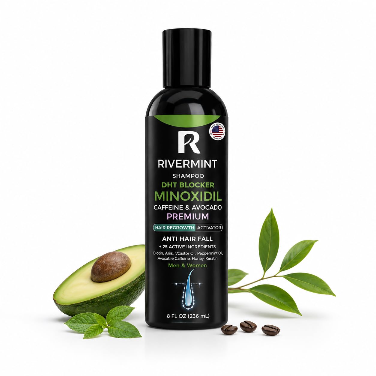 Hair Strengthening Minoxidil Shampoo Castor Oil, Biotin, Avocado Oil, Caffeine, Saw Palmetto, Onion, and Redensyl Hair Regrowth & Thickening Support Sulfate-Free, Paraben-Free, for Men & Women