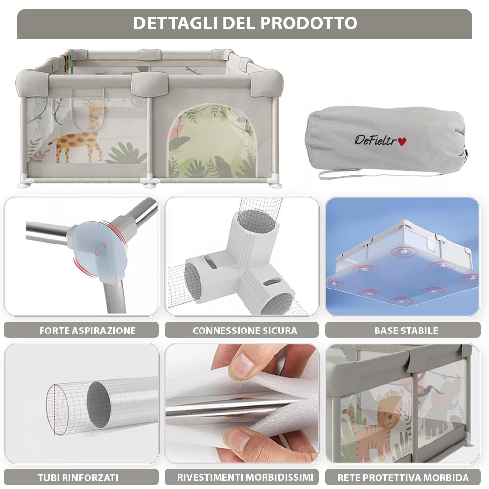 Selva - Box per bambini, 120 x 120 cm, con rete di animali traspirante, box pieghevole antiscivolo, tappetino imbottito + 4 anelli
