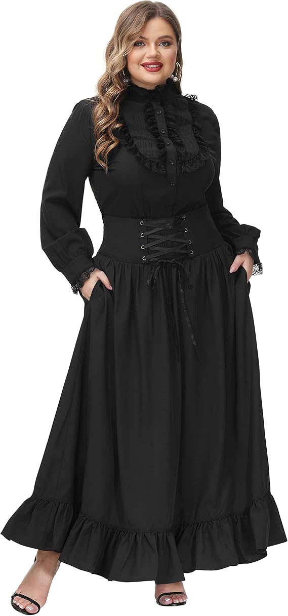 Steampunk Skirts | Bustle Skirts, Lace Skirts, Ruffle Skirts Hanna Nikole Womens Plus Size Victorian Renaissance Maxi Skirt High Waist Lace Up Skirts with Pockets  AT vintagedancer.com