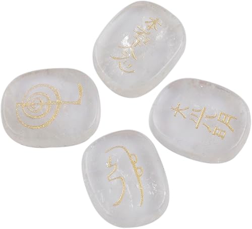 Miniatura 5 de Rockcloud Cuarzo de roca de cristal curativo, 4 piezas, piedras de chakra grabadas, palmera, equilibrio de reiki